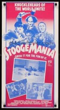 8y194 STOOGEMANIA Aust daybill '86 art of Moe, Larry & Curly, knuckleheads of the world unite!