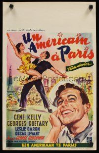 8y698 AMERICAN IN PARIS Belgian '51 art of Gene Kelly dancing with sexy Leslie Caron by Wik!