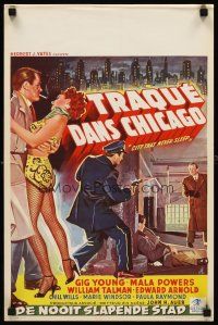 8y708 CITY THAT NEVER SLEEPS Belgian '53 cool art of sexy dancer in peril & gunfight in Chicago!