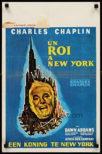 8y757 KING IN NEW YORK Belgian '57 wonderful art of Charlie Chaplin & NYC skyline!