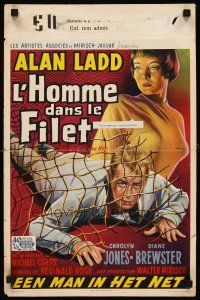 8y770 MAN IN THE NET Belgian '59 art of Alan Ladd caught in a net, sexy Carolyn Jones!