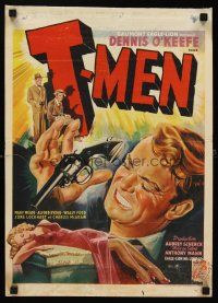 8y805 T-MEN Belgian '48 Anthony Mann film noir, cool art of sexy bad girl & man with gun!