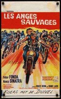 8y815 WILD ANGELS Belgian '66 great art of biker Peter Fonda & sexy Nancy Sinatra on motorcycle!