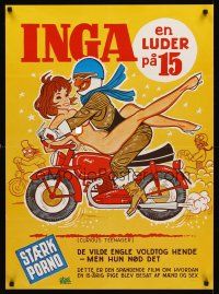 8y425 CURIOUS TEENAGER Danish '72 wacky art of naked girl riding backwards on motorcycle!
