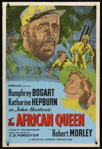 8y036 AFRICAN QUEEN English 1sh R50s colorful montage art of Humphrey Bogart & Katharine Hepburn!