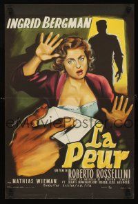 8y286 FEAR French 15x21 '55 close-up art of Ingrid Bergman, Roberto Rossellini's La Paura!