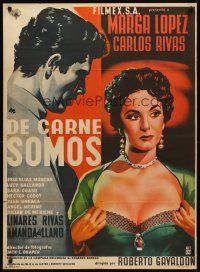 8y352 DE CARNE SOMOS Mexican poster '55 artwork of sexy Marga Lopez pulling her shirt open!