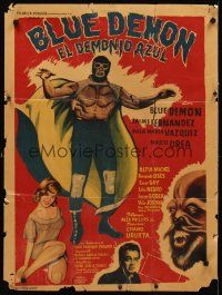 8y353 DEMONIO AZUL Mexican poster '65 wonderful art of Mexican masked wrestler Blue Demon!