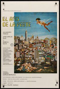8y356 EL ANO DE LA PESTE Mexican poster '79 Cazals, cool art of nude woman flying over city!