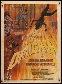 8y360 EL MUNDO DE LAS DROGAS Mexican poster '64 great fiery artwork of drug & jail hell!