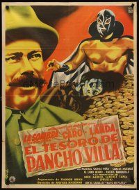 8y365 EL TESORO DE PANCHO VILLA Mexican poster 1954  art of masked wrestler & pile of gold by Diaz!
