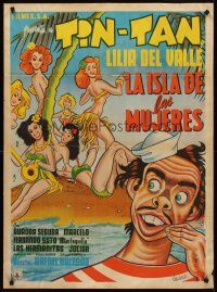 8y375 LA ISLA DE LAS MUJERES Mexican poster '53 art of Tin-Tan on island with sexy babes by Urzaiz!