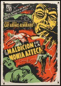8y377 LA MALDICION DE LA MOMIA AZTECA Mexican export poster R60s Aztec mummy & masked wrestler!