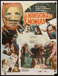 8y378 LA MANSION DE LAS 7 MOMIAS Mexican poster '77 masked wrester luchador Blue Demon!