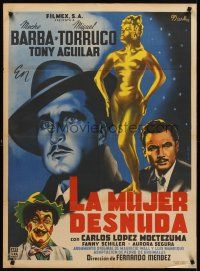 8y380 LA MUJER DESNUDA Mexican poster '53 art of golden naked woman by Francisco Diaz Moffitt