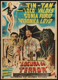 8y383 LOCURA DE TERROR Mexican poster '61 Tin-Tan, Loco Valdes, creepy horror artwork & sexy girl!