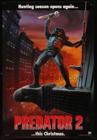 8z583 PREDATOR 2 teaser 1sh '90 great full-length artwork of alien hunter in L.A.!