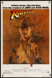 8z596 RAIDERS OF THE LOST ARK 1sh '81 great art of adventurer Harrison Ford by Amsel!