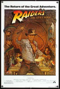 8z597 RAIDERS OF THE LOST ARK 1sh R82 different art of adventurer Harrison Ford by Richard Amsel!