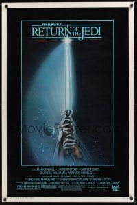 8z607 RETURN OF THE JEDI 1sh '83 George Lucas classic, great artwork of hands holding lightsaber!
