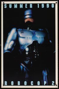 8z613 ROBOCOP 2 DS teaser 1sh '90 great close up of cyborg policeman Peter Weller, sci-fi sequel!