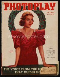 9a106 PHOTOPLAY magazine December 1935 portrait of pretty Loretta Young in front of wreath!