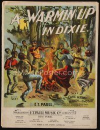 9a318 WARMIN' UP IN DIXIE sheet music 1899 great colorful art of black people dancing by campfire!