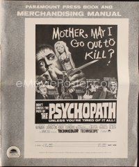9a381 PSYCHOPATH pressbook '66 Robert Bloch, wild horror image, Mother, may I go out to kill?