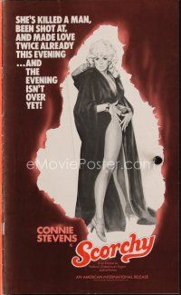 9a393 SCORCHY pressbook '76 full-length art of sexiest barely-dressed Connie Stevens in cape!