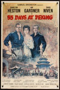 9c006 55 DAYS AT PEKING 1sh '63 art of Charlton Heston, Ava Gardner & David Niven by Terpning!