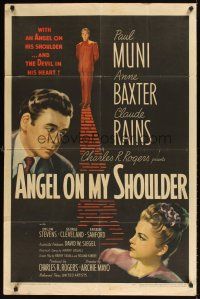 9c029 ANGEL ON MY SHOULDER 1sh '46 artwork of Paul Muni, Claude Rains, pretty Anne Baxter!