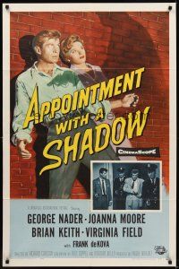 9c035 APPOINTMENT WITH A SHADOW 1sh '58 cool noir artwork of silhouette pointing gun at stars!