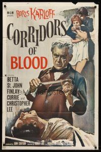 9c141 CORRIDORS OF BLOOD 1sh '63 Boris Karloff, Christopher Lee, blood-curdling experiments!
