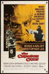 9c148 CRIMSON CULT 1sh '70 Boris Karloff, Christopher Lee, what can satisfy the devil-god?