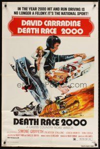 9c163 DEATH RACE 2000 1sh '75 Paul Bartel, David Carradine, cool car racing sci-fi art!