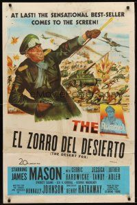 9c170 DESERT FOX 1sh '51 artwork of James Mason as Field Marshal Erwin Rommel at war!