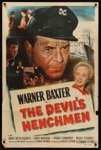 9c176 DEVIL'S HENCHMEN 1sh '49 Warner Baxter, Mary Beth Hughes, murder sweeps the waterfront!