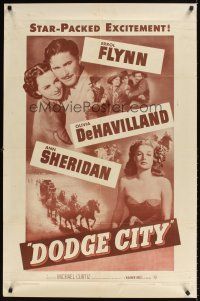 9c185 DODGE CITY 1sh R51 Errol Flynn, Olivia De Havilland, Michael Curtiz cowboy classic!