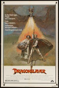 9c193 DRAGONSLAYER 1sh '81 cool Jeff Jones fantasy artwork of Peter MacNicol w/spear & dragon!