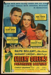 9c202 ELLERY QUEEN'S PENTHOUSE MYSTERY kraftbacked 1sh '41 Ralph Bellamy w/Margaret Lindsay!