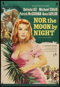 9c581 NOR THE MOON BY NIGHT English 1sh '59 art of sexy Belinda Lee & Michael Craig in Africa!