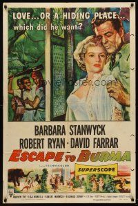 9c217 ESCAPE TO BURMA 1sh '55 romantic art of Robert Ryan & Barbara Stanwyck in India!