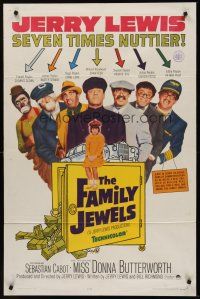 9c224 FAMILY JEWELS 1sh '65 Jerry Lewis is seven times nuttier in seven roles, wacky art!