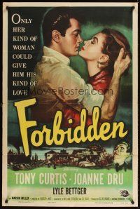 9c258 FORBIDDEN 1sh '54 close-up romantic art of Tony Curtis & Joanne Dru!