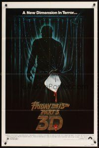 9c268 FRIDAY THE 13th PART 3 - 3D 1sh '82 slasher sequel, art of Jason stabbing through shower!