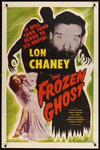 9c282 FROZEN GHOST 1sh R54 close up of Lon Chaney Jr, scared Elena Verdugo!