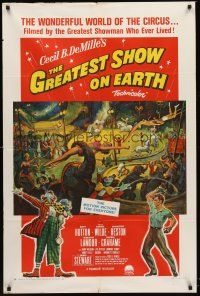 9c321 GREATEST SHOW ON EARTH style A 1sh R61 Cecil B. DeMille circus classic, Charlton Heston!