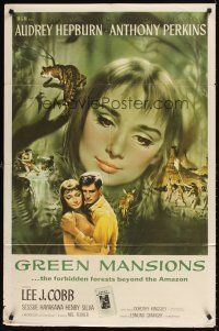 9c322 GREEN MANSIONS 1sh '59 cool art of Audrey Hepburn & Anthony Perkins by Joseph Smith!