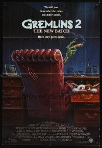 9c323 GREMLINS 2 advance 1sh '90 great Winters artwork of Gremlin in executive chair!