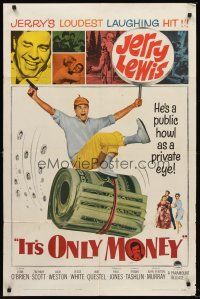 9c407 IT'S ONLY MONEY 1sh '62 wacky private eye Jerry Lewis carrying enormous wad of cash!